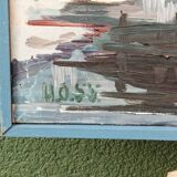 Oil on canvas from the 1950s, snowy landscape.