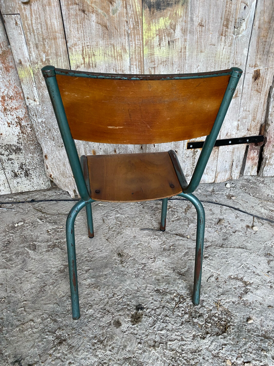 Vintage chair mullca model 510 green metal + wooden seat and back in burgundy