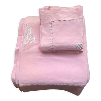 Drap ancien rose et ses 2 taies d'oreillers