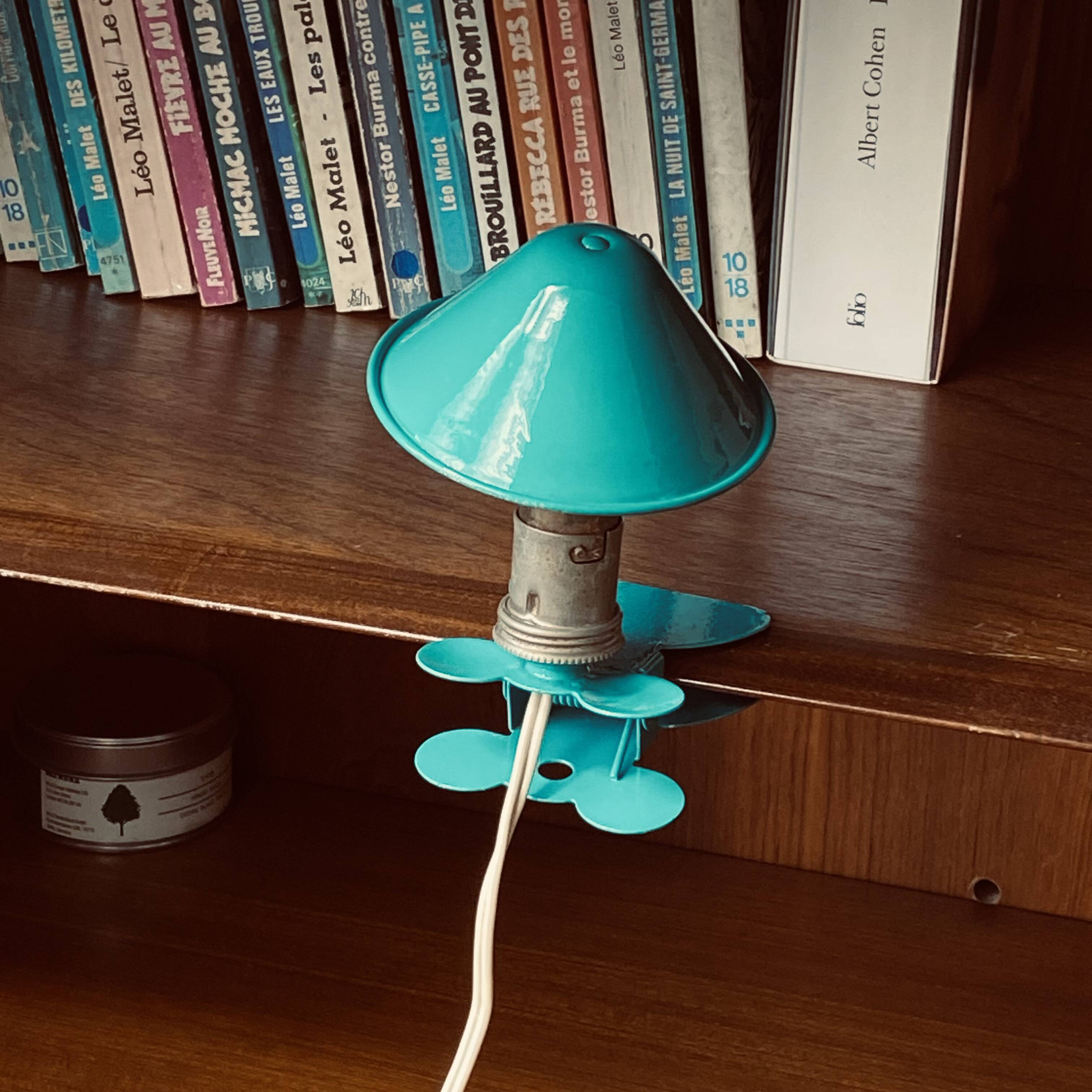 Small blue-green metal mushroom clip lamp vintage night light