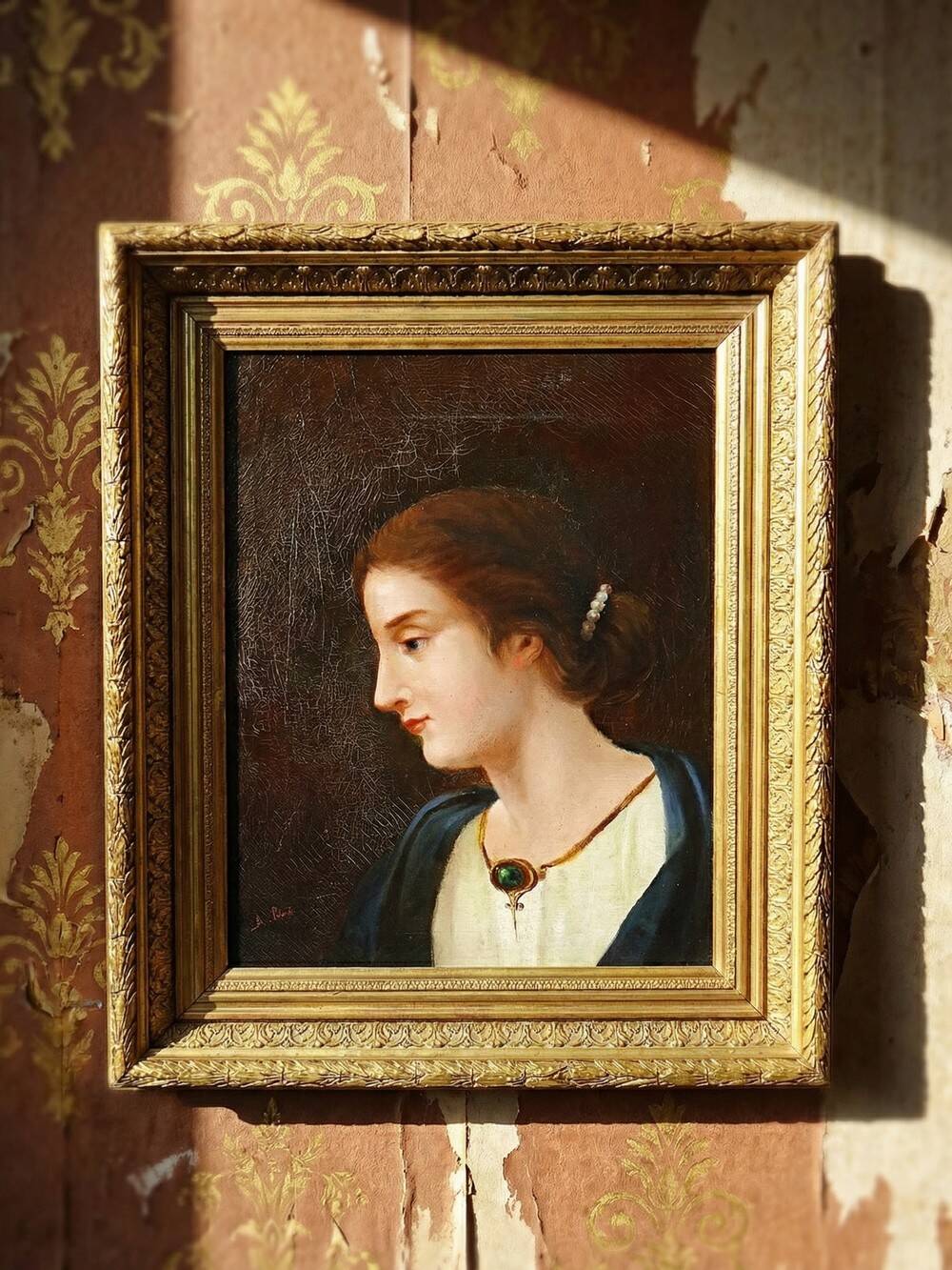 Old portrait of a young woman in profile, oil on canvas A. Piard 19th century