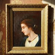 Old portrait of a young woman in profile, oil on canvas A. Piard 19th century