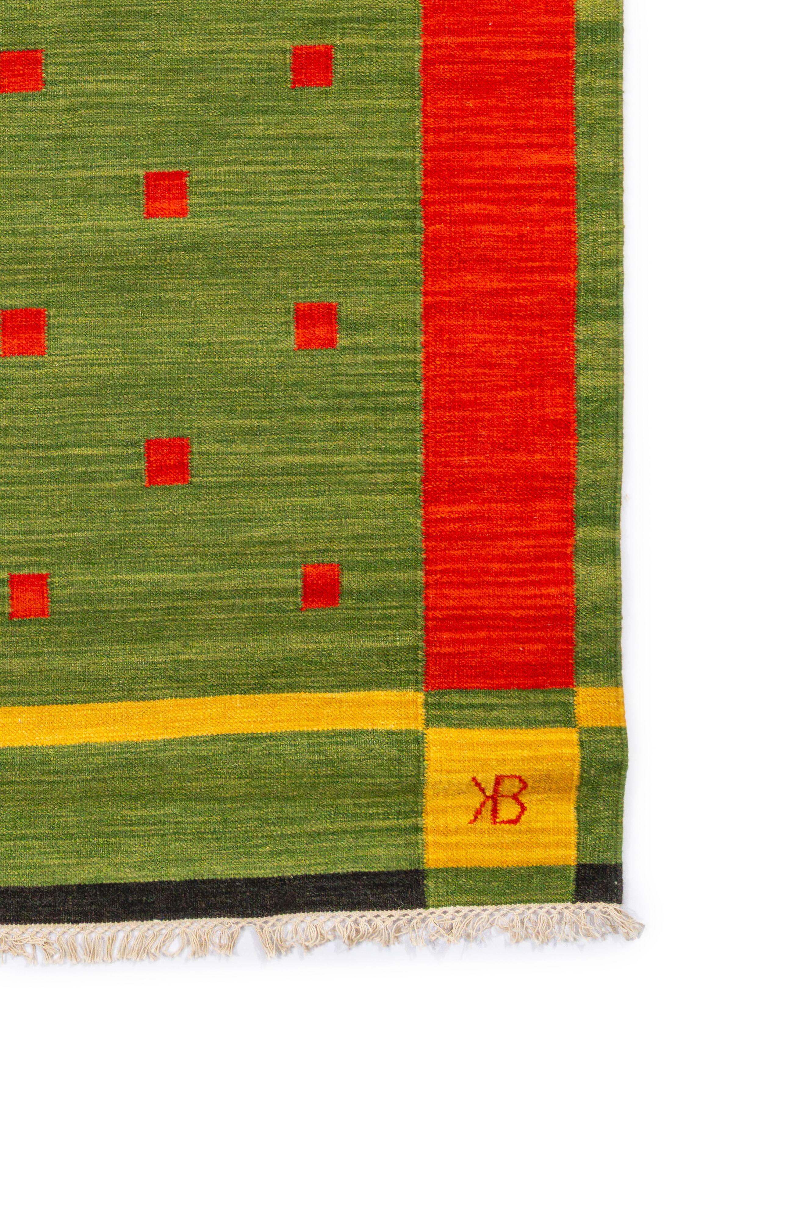 NOS Scandinavian 20th century modern flat weave rug by Karin Bernholm. 227/