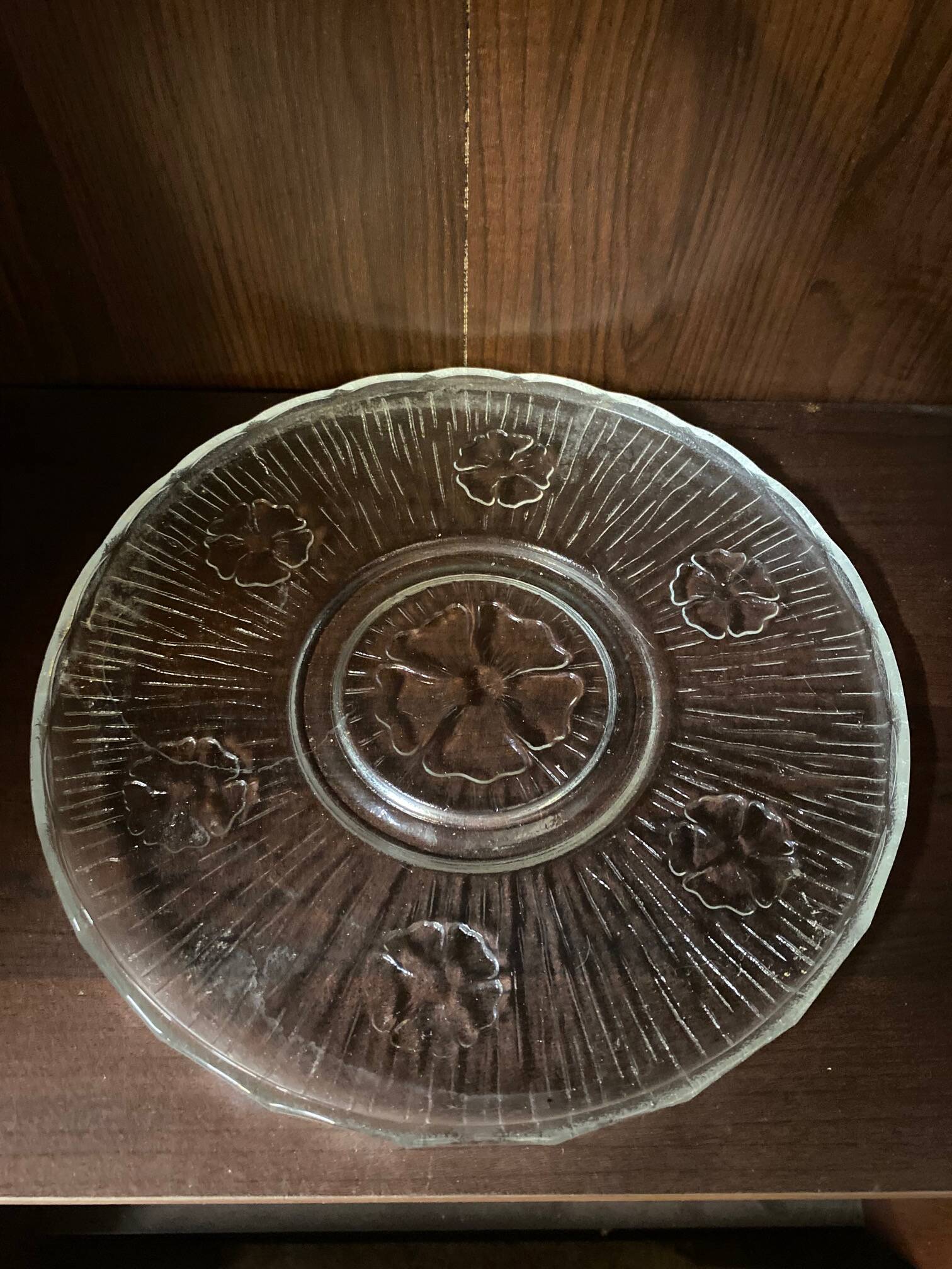 Cheese cover cake dish glass molded with relief flower decor