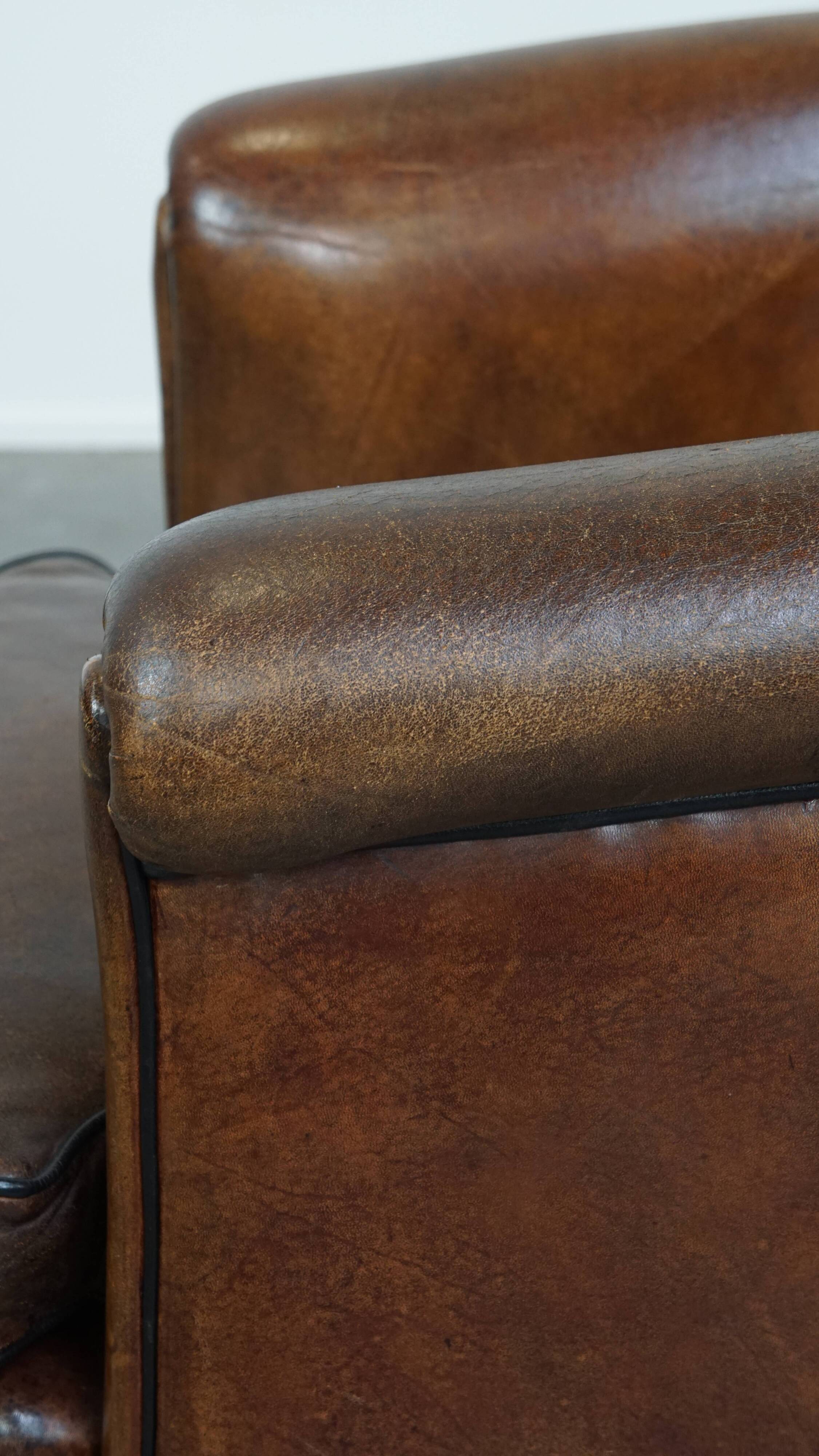 Dark Sheepskin Leather Club Chair with Black Piping