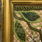 Broderie religieuse du XIXeme siècle : tableau ex voto avec une image pieuse