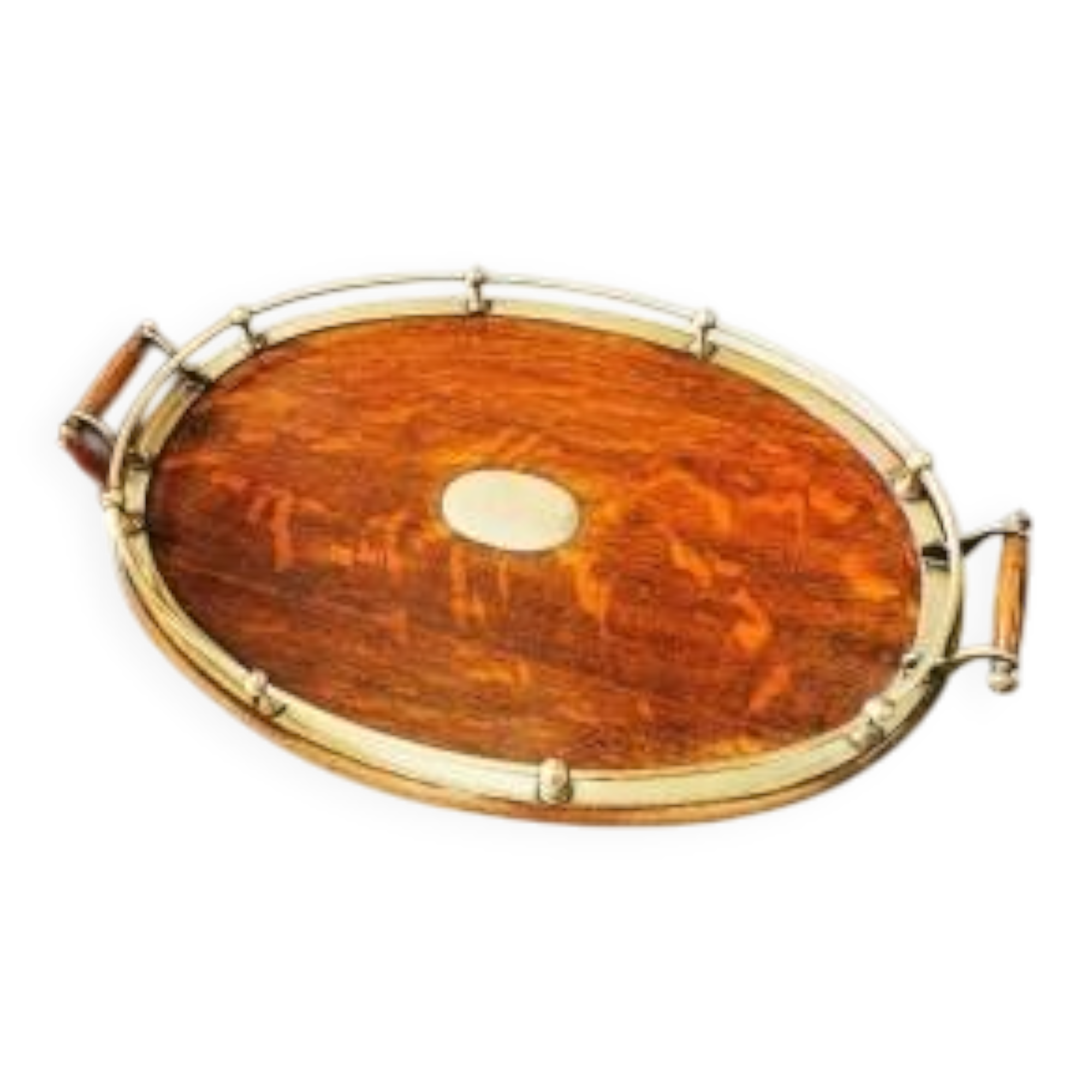 Large oval Edwardian-style tray in oak and brass.