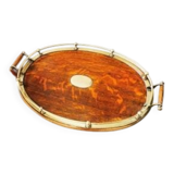 Large oval Edwardian-style tray in oak and brass.