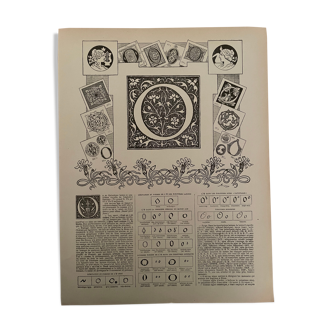 Lithographie gravure alphabet lettre O de 1897