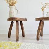 Pair of solid wood tripod stools - brutalist