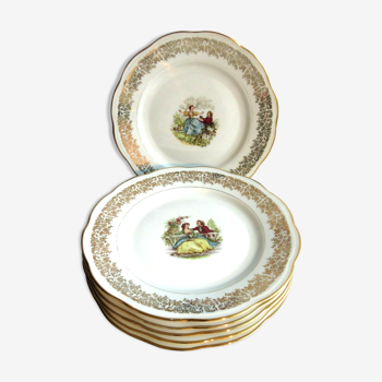 6 assiettes plates, porcelaine de Limoges: Modèle Scènes galantes de Fragonard