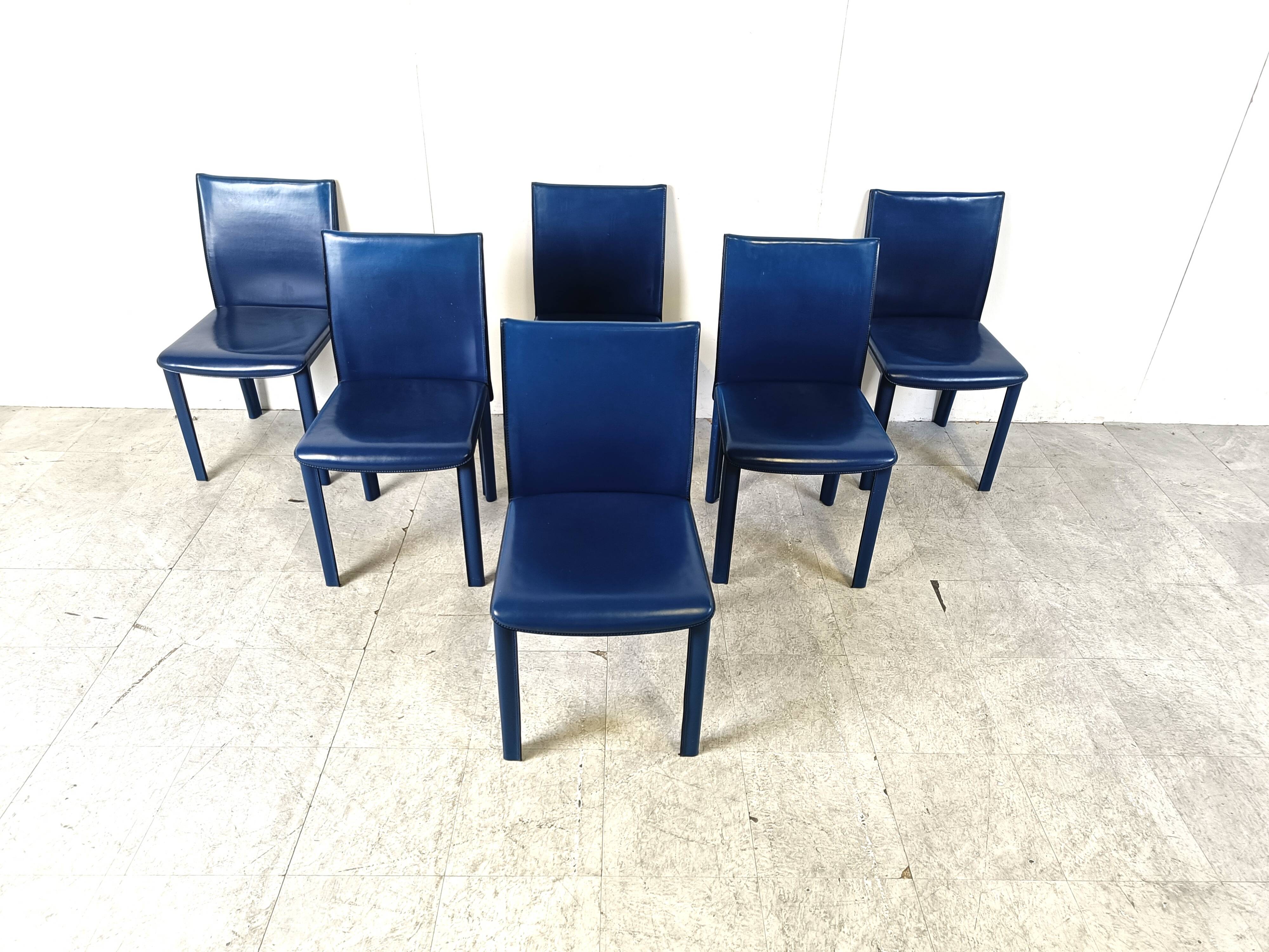 Vintage blue leather dining chairs by Arper Italy, 1980s