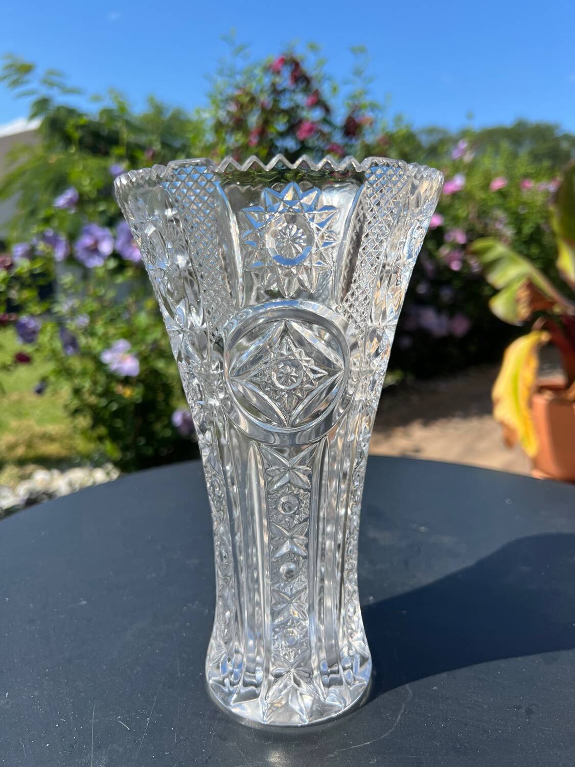 Large engraved and cut crystal vase
