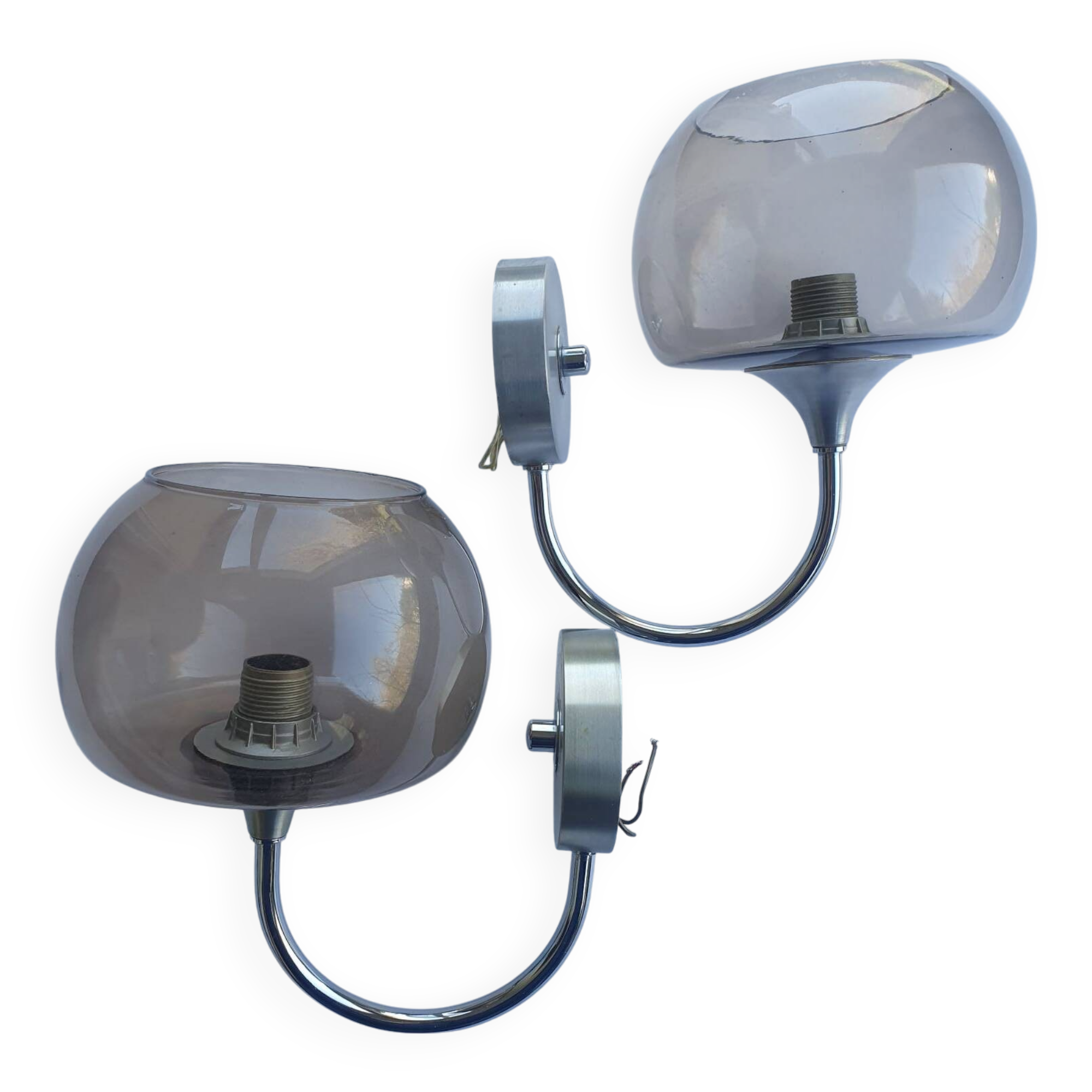 Pair of chrome metal and smoked glass wall lights from the 80s