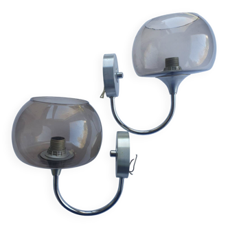 Pair of chrome metal and smoked glass wall lights from the 80s