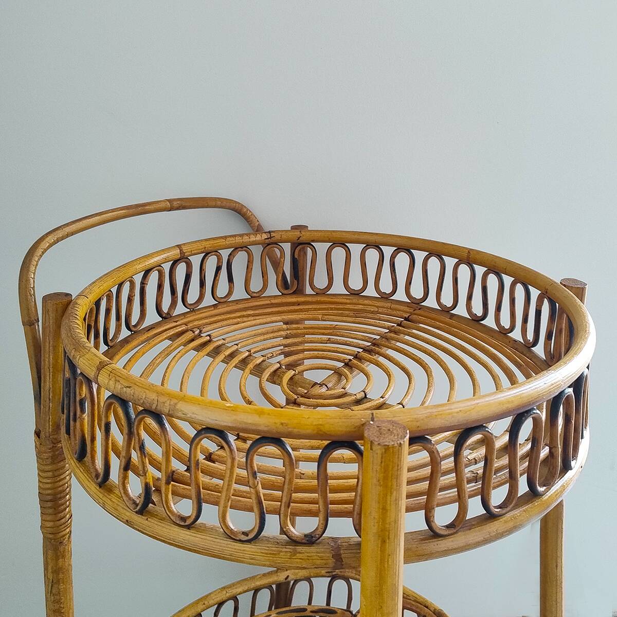 1960s Bamboo & Rattan Serving Bar Cart Trolley by Franco Albini. Made in Italy