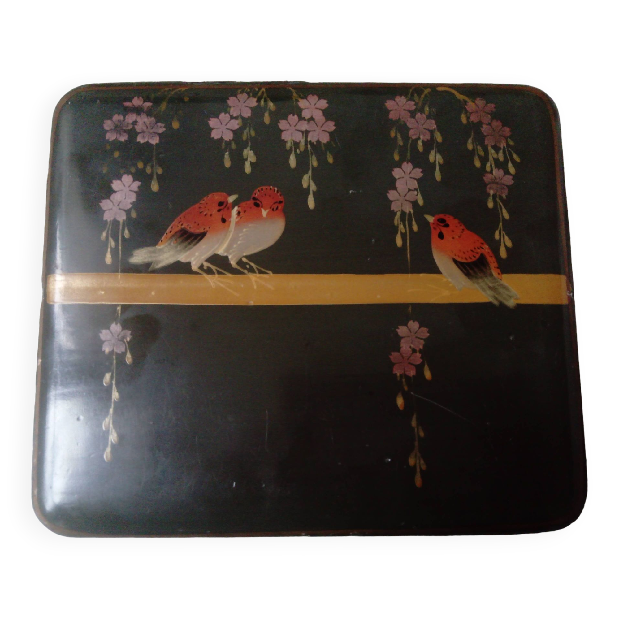 coffret/boite à bijoux en bois laqué vert à décor d'oiseaux sous la glycine