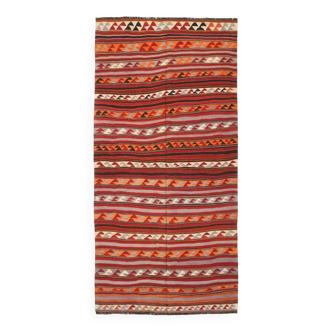 Tapis Kilim turc rouge et bleu 4x9, tapis de salon, Kilim vintage 133x272 cm