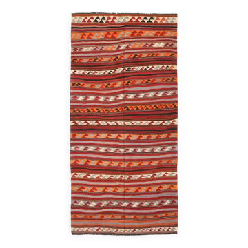 4x9 Red & Blue Turkish Kilim Rug, Living Room Rug, 133x272Cm Vintage Kilim