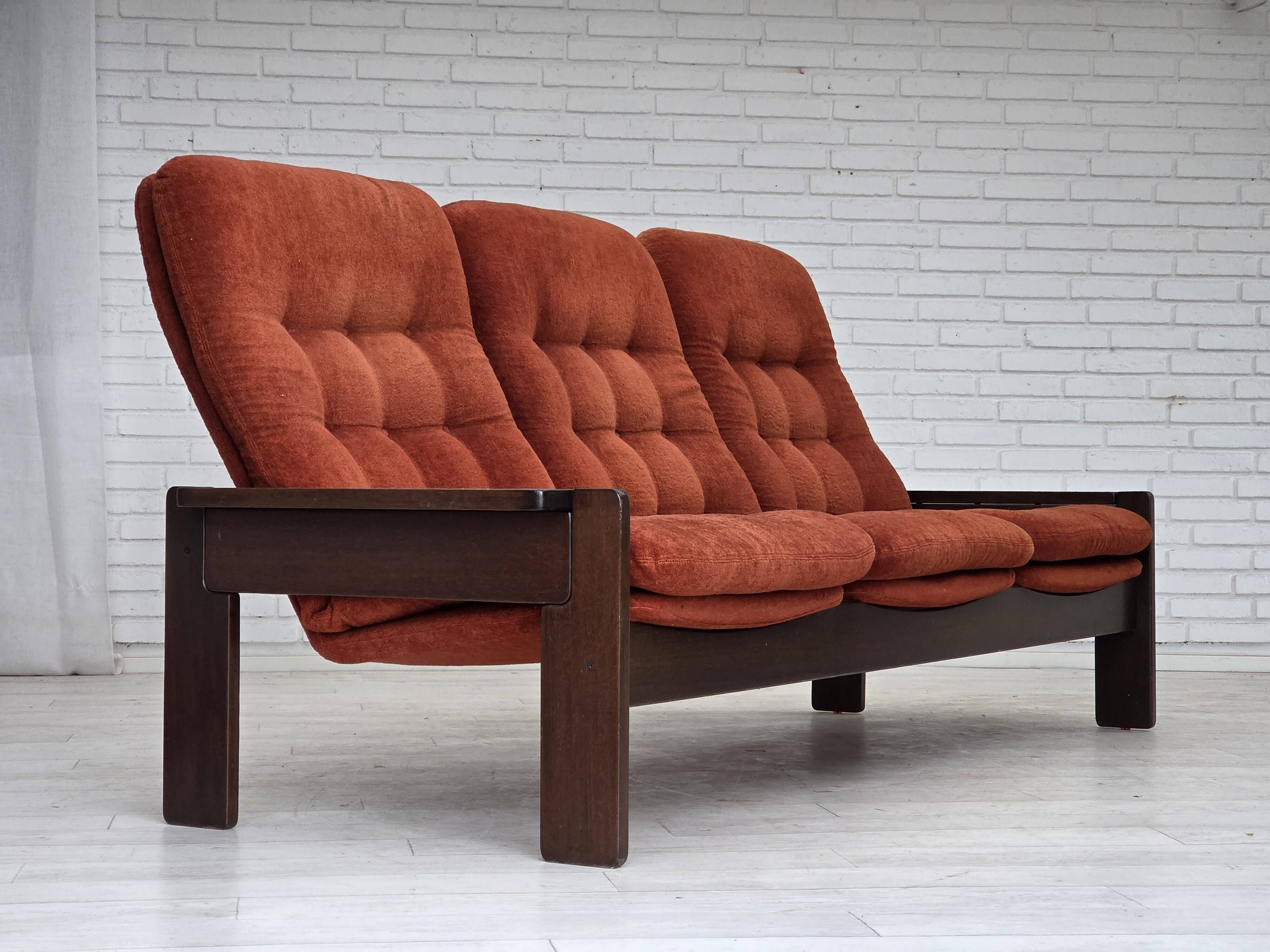 1970s, 3-seater Danish sofa, orange/red furniture velour, oak wood.