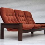 1970s, 3-seater Danish sofa, orange/red furniture velour, oak wood.