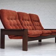 1970s, 3-seater Danish sofa, orange/red furniture velour, oak wood.