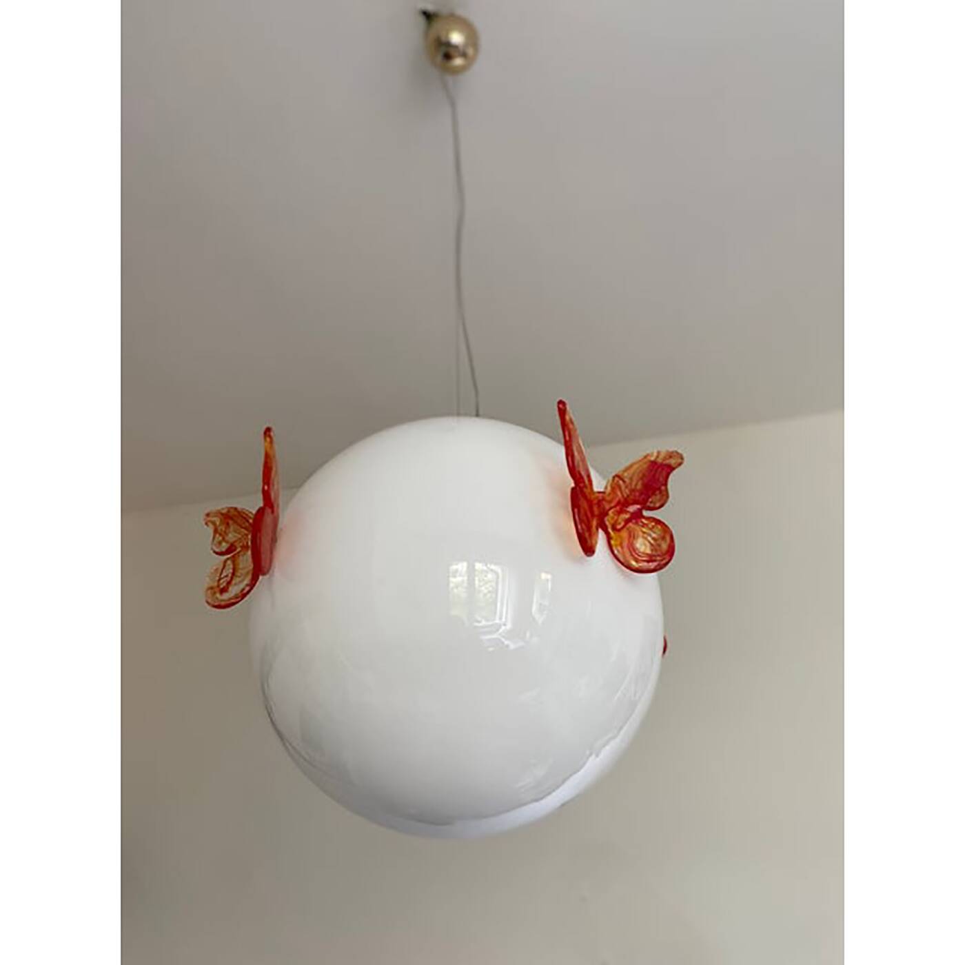 Italian Glass Opalino Pendant With Red Butterfly