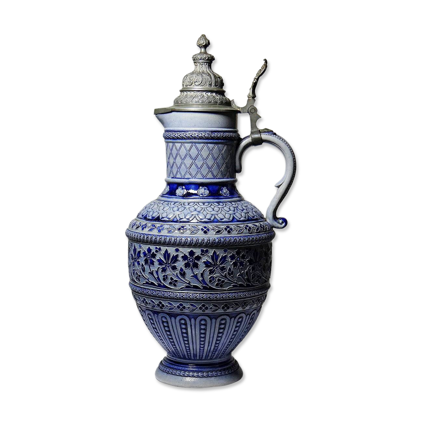 Large salt-glazed stoneware beer jug with tin, Germany, Westerwald type.