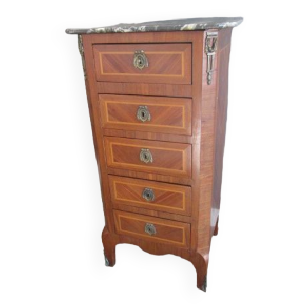 Meuble semainier ancien en bois marqueté et ornements bronze