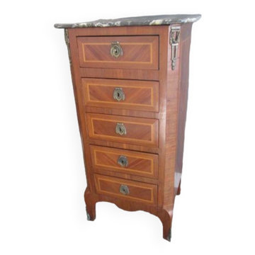 Meuble semainier ancien en bois marqueté et ornements bronze