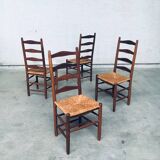 Rustic Handcrafted Oak and Rush High Back Dining Chairs, Belgium, 1940s, Set of 4