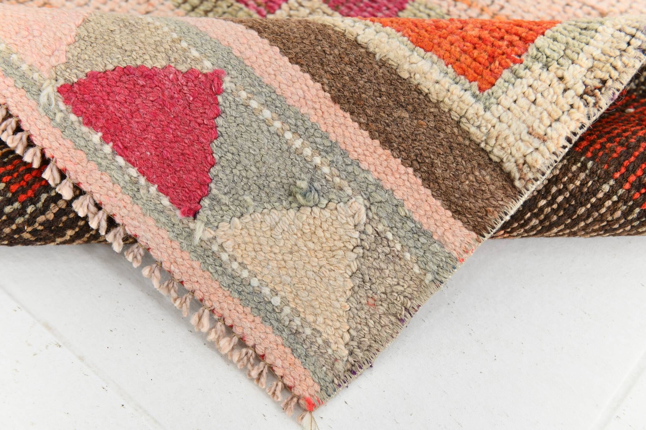 Tapis de couloir Oushak corail vintage, tapis turc ancien, 95x310 cm