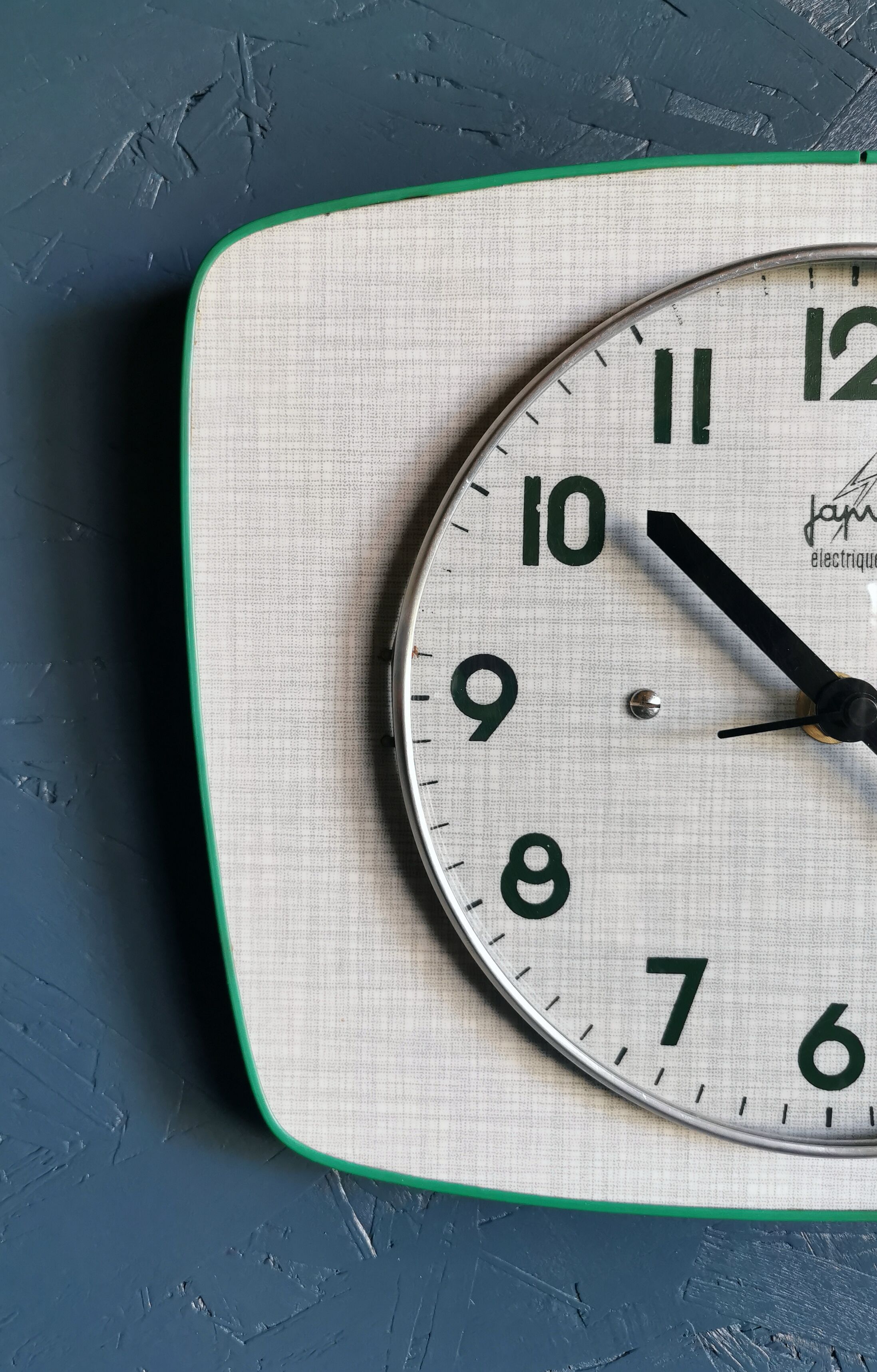 Vintage formica clock silent trapezoid wall clock "Green Japy"