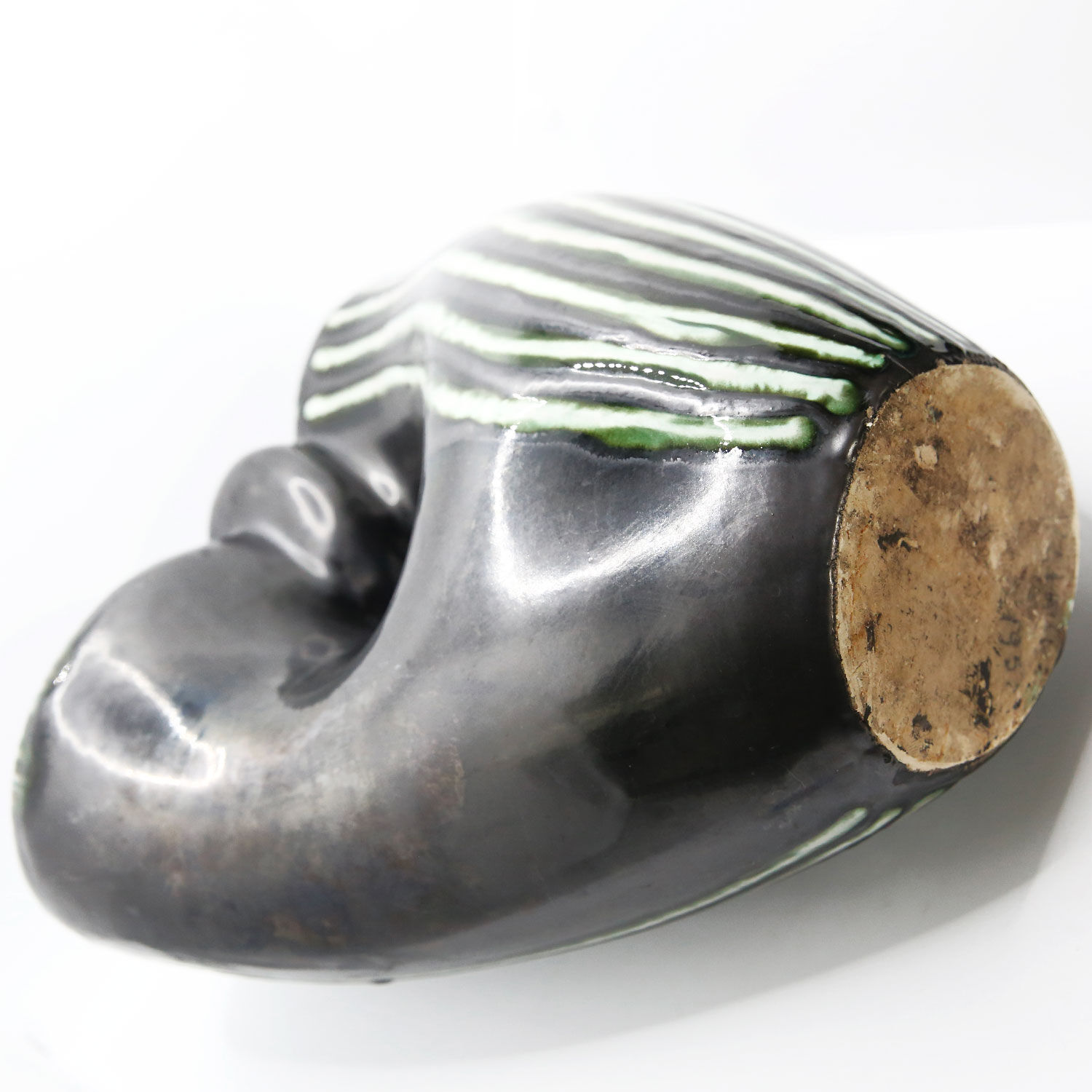 Black and green ceramic basket vase with white stripes from Bauzio in Vallauris, 1957