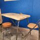 Vintage workbench circa 1930, folding metal leg.
