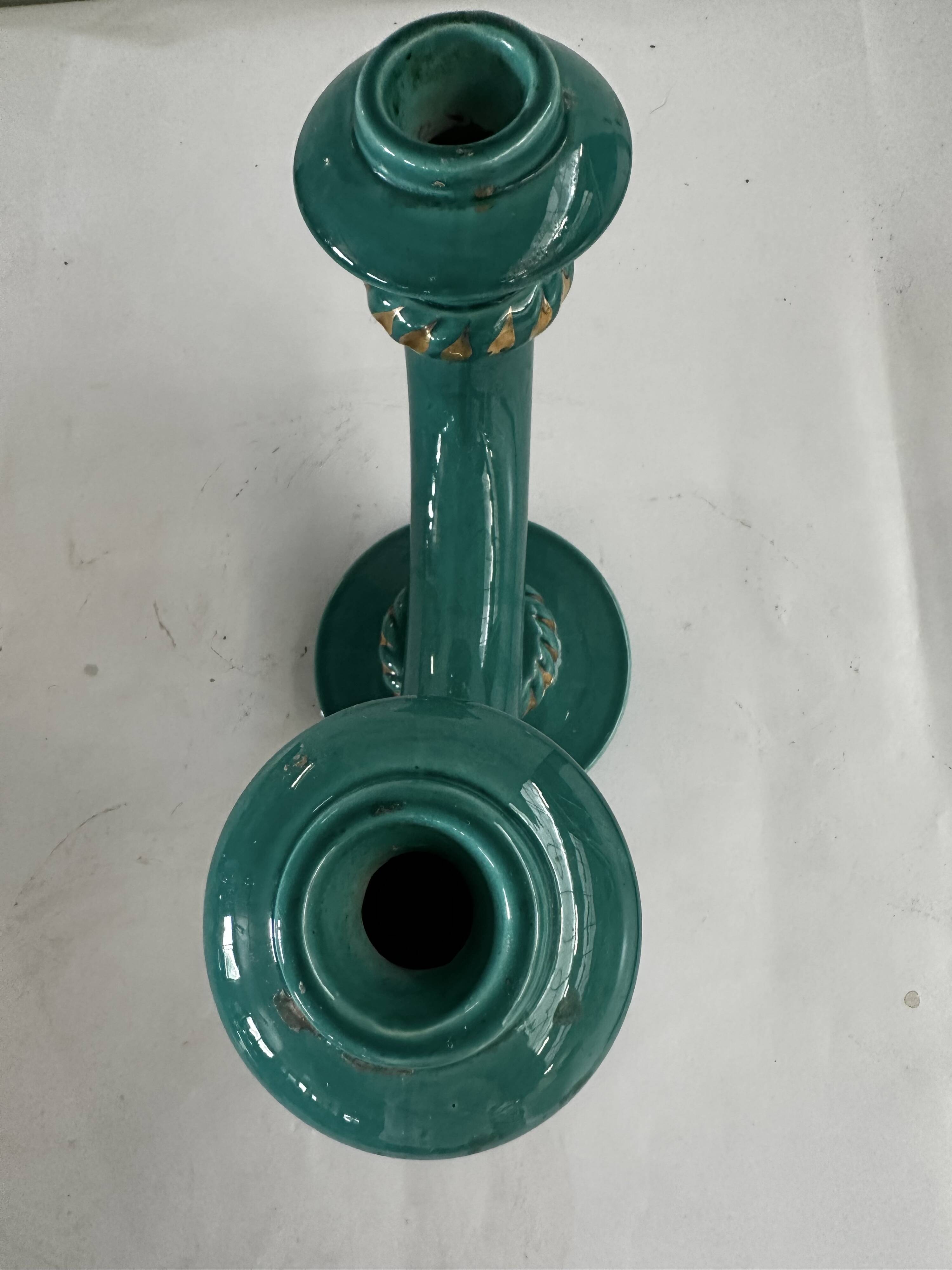 Art Deco candlestick in green and gold glazed ceramic, attributed to Vallauris