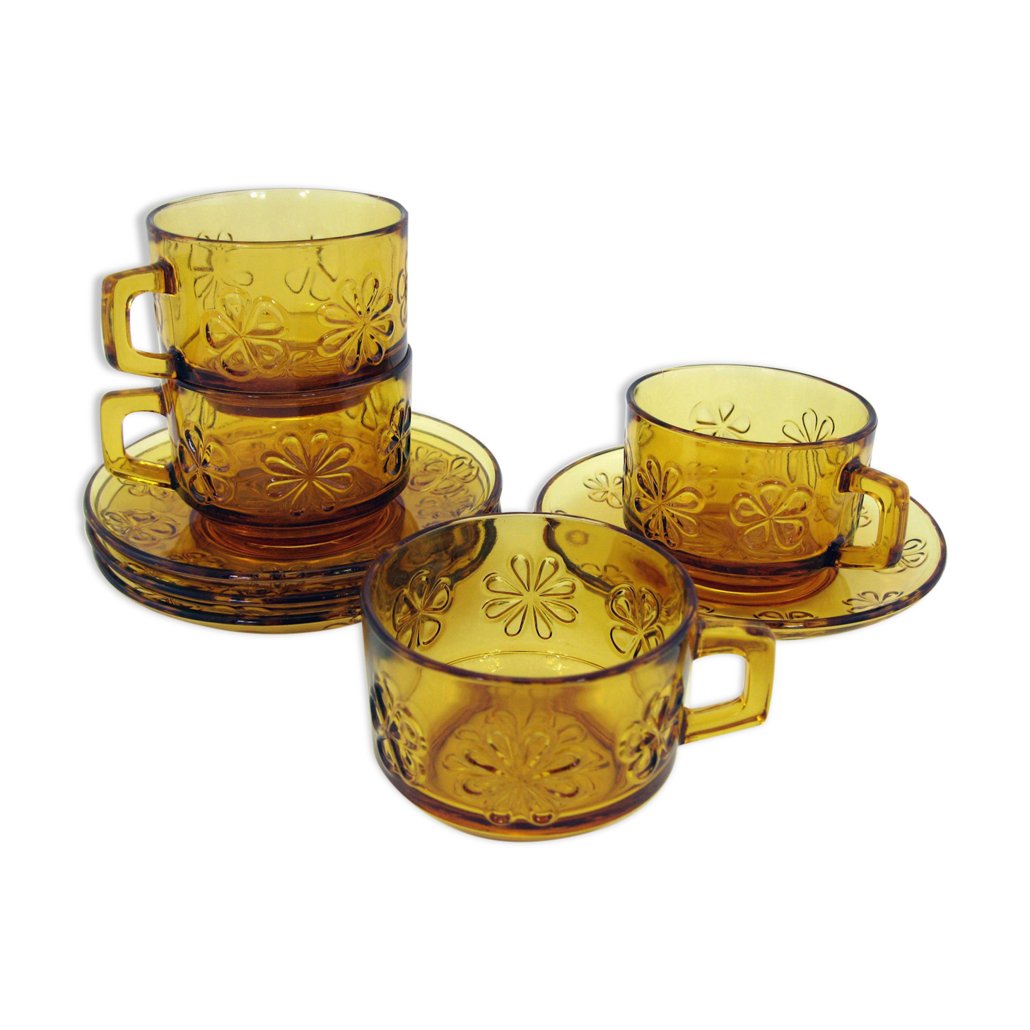 4 large amber yellow glass cups, floral décor, Daisy Vereco France, vintage 70s
