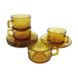 4 large amber yellow glass cups, floral décor, Daisy Vereco France, vintage 70s