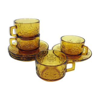 4 grandes tasses en verre jaune ambré, décor floral, Daisy Vereco France, vintage années 70