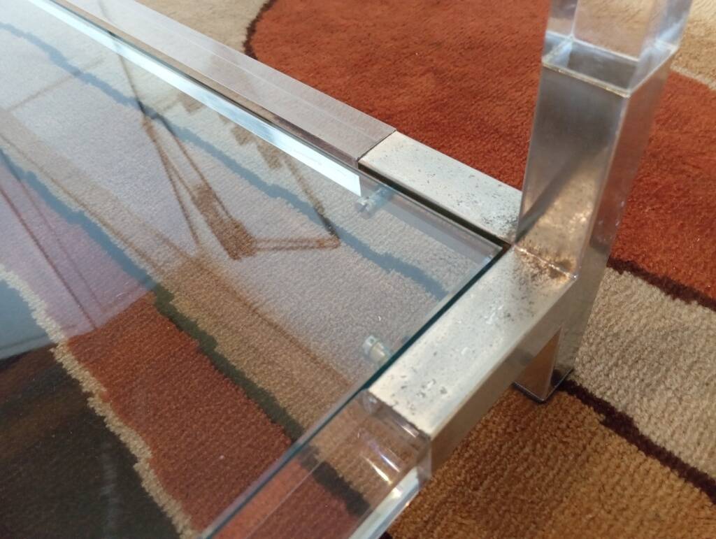 80s Lucite, Glass and Metal Coffee Table
