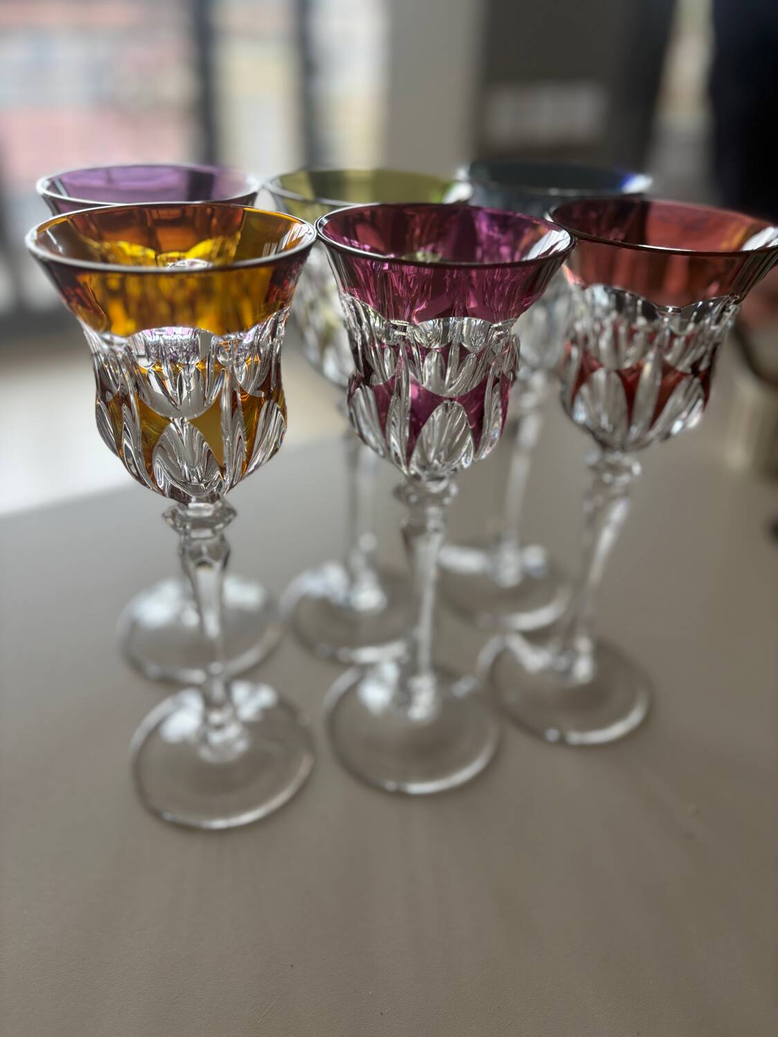Set of 6 cut crystal liqueur glasses in colour – Bohemian style