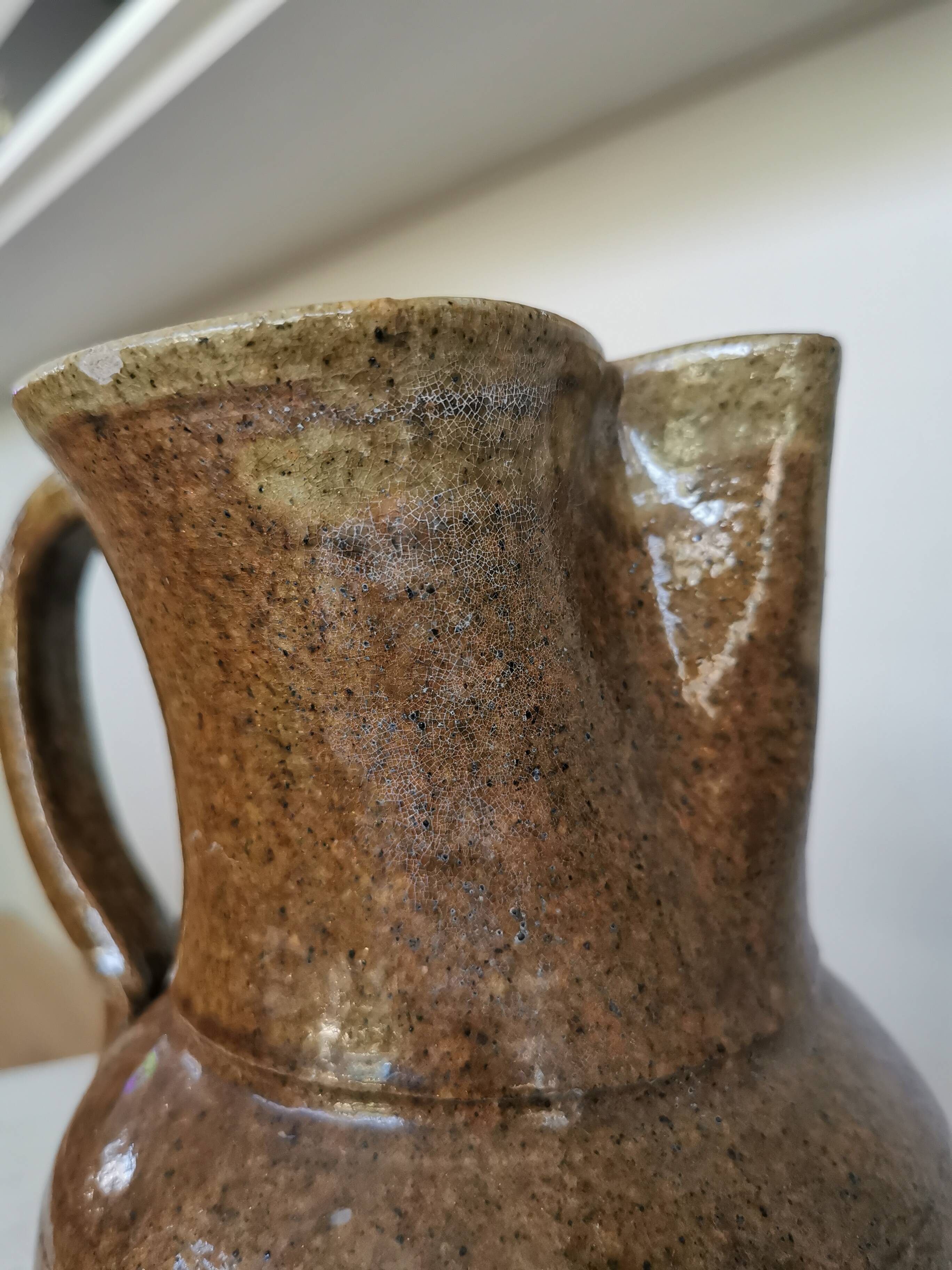 Vintage Studio Pottery Owl Pitcher: Speckled Glaze Stoneware Vase