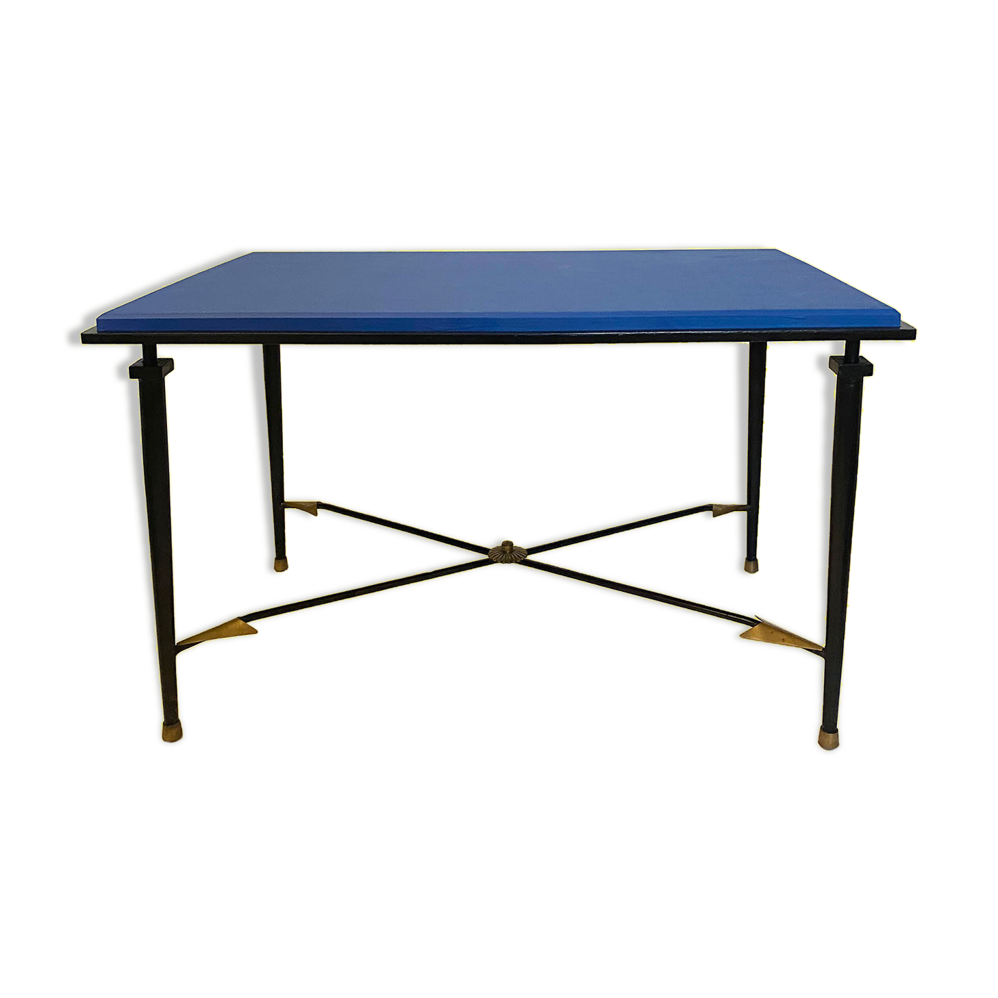 Art Deco wrought iron side table with brass arrow decoration, 1940s