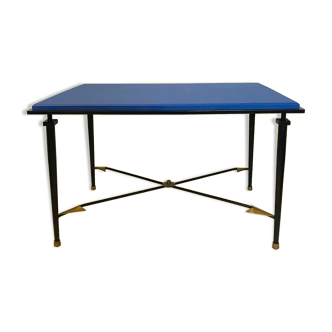 Art Deco wrought iron side table with brass arrow decor, from the 1940s