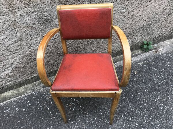 fauteuil bridge bois hêtre skaÏ rouge 1950 vintage