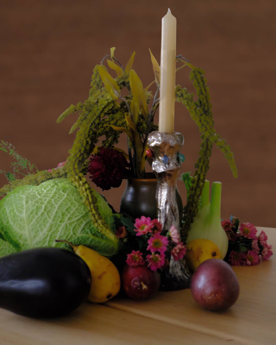 Handmade chrome candlestick with inlaid stones