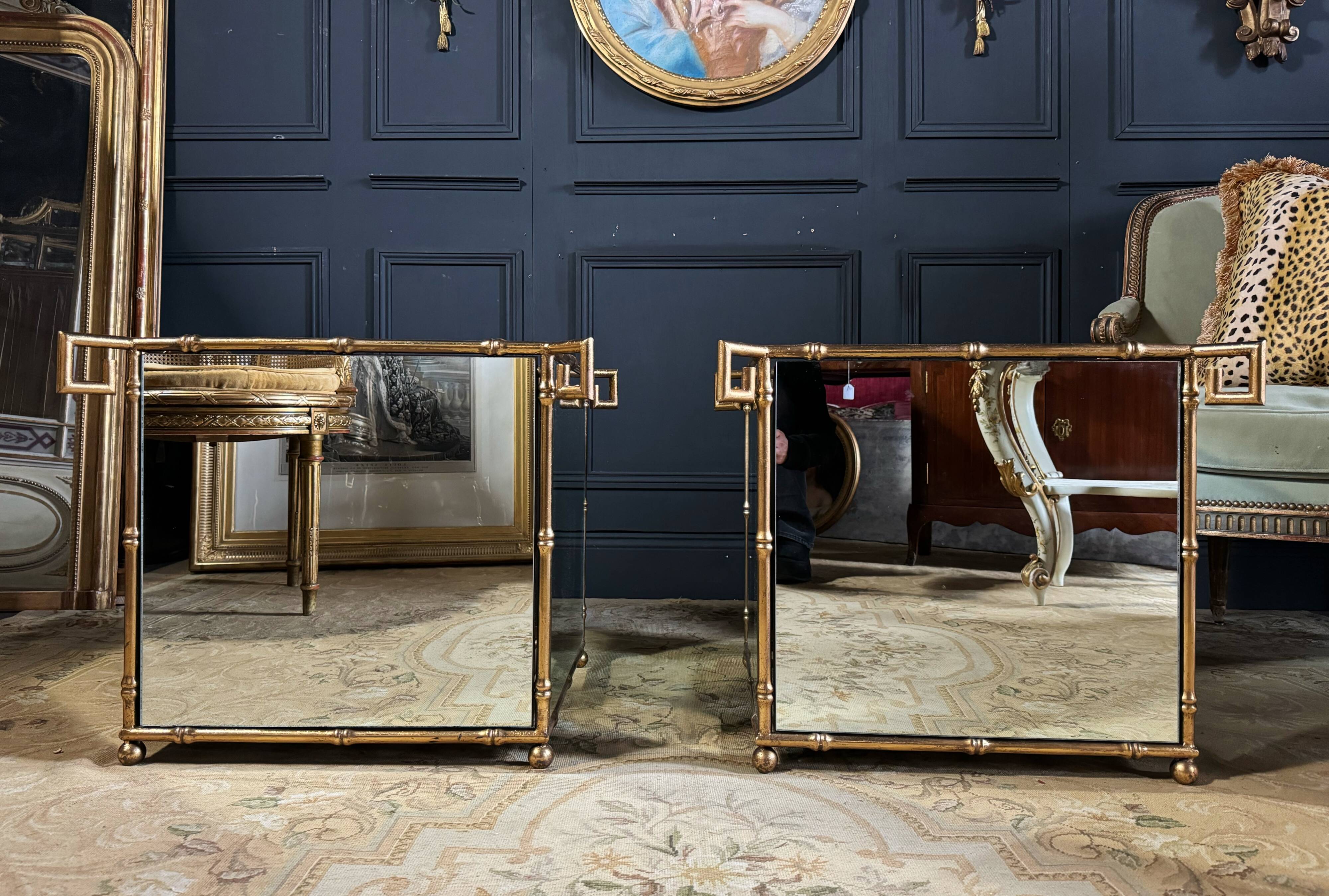 Pair of "bamboo" model planters in gold metal and glass from the 70s