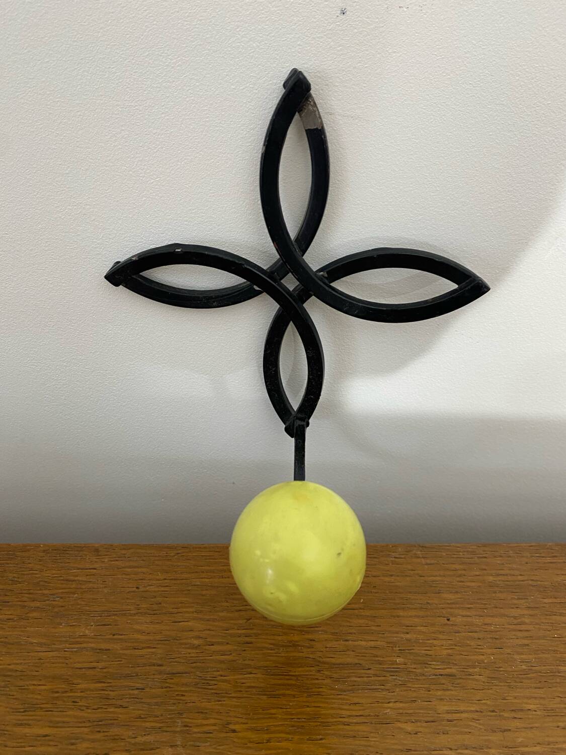 Old Black Wrought Iron Wall Hook + Yellow Plastic Ball 70's Vintage