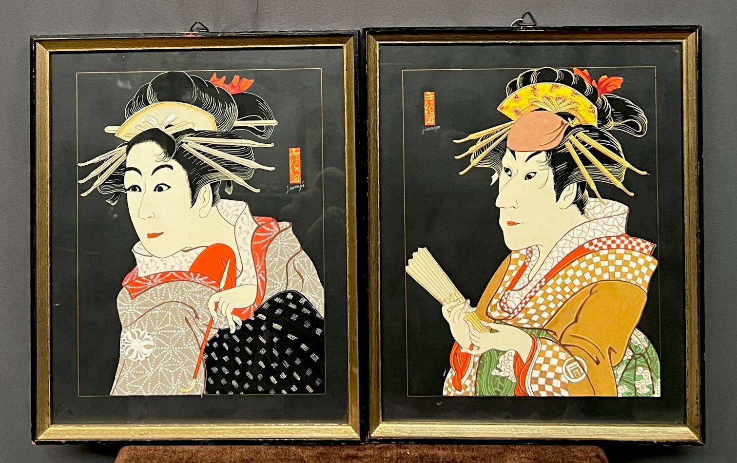 Pair of gouaches "Actors of the Kabuki Theater".