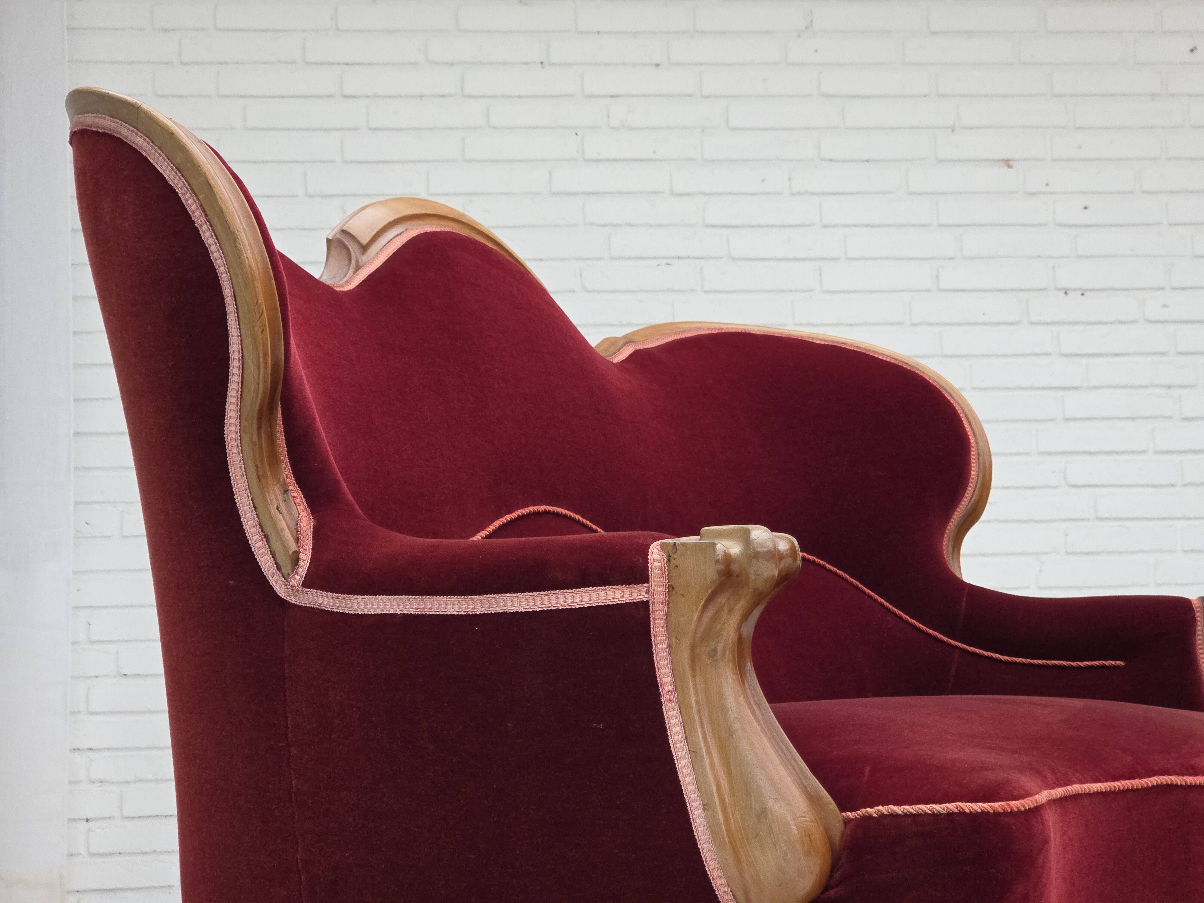 1930s, Danish 2-seater sofa, furniture velour, ash wood, reupholstered.